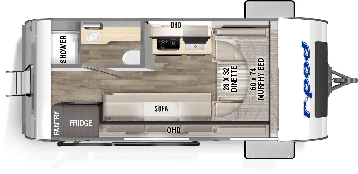 The RP-153 has zero slideouts and one entry. Interior layout front to back: front murphy bed dinette, off-door side kitchen counter with sink, cooktop, and overhead cabinet, door side sofa and over head cabinet, rear off-door side full bathroom, rear door side refrigerator and pantry, and rear entry door.
